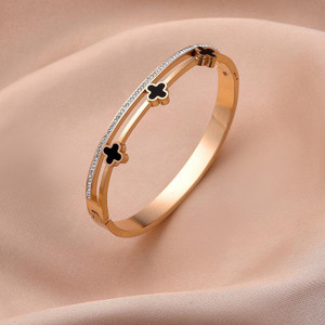 Four-leaf clover bracelet double ring senior inlaid diamond Korean bracelet versatile fashion girls titanium steel hand jewelry light luxury bracelet Four-leaf clover bracelet double ring senior inlaid diamond Korean bracelet versatile fashion girls titanium steel hand jewelry light luxury bracelet