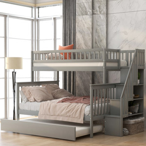 Twin over Full Bunk Bed with Trundle and Staircase; Gray Twin over Full Bunk Bed with Trundle and Staircase; Gray