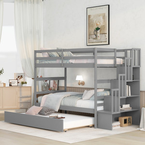 Twin over Twin Bunk Beds With Twin Trundle and Stairway Storage Function in Grey Color Twin over Twin Bunk Beds With Twin Trundle and Stairway Storage Function in Grey Color