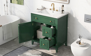30" Bathroom Vanity with Sink Top, Bathroom Vanity Cabinet with Door and Two Drawers, Solid Wood Frame, One Package, Green 30" Bathroom Vanity with Sink Top, Bathroom Vanity Cabinet with Door and Two Drawers, Solid Wood Frame, One Package, Green
