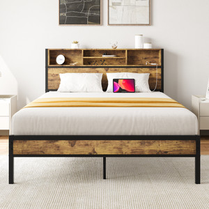 Full Size Bed Frame with Storage Headboard, Metal Platform Bed with Charging Station, Bookcase Storage, No Box Spring Needed, Easy Assembly, Noise-Free, Black Full Size Bed Frame with Storage Headboard, Metal Platform Bed with Charging Station, Bookcase Storage, No Box Spring Needed, Easy Assembly, Noise-Free, Black