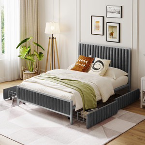 Full Size Metal Frame Upholstered Bed with 4 Drawers, Linen Fabric, Gray Full Size Metal Frame Upholstered Bed with 4 Drawers, Linen Fabric, Gray