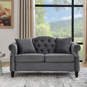 57" Chesterfield Sofa Grey Velvet for Living Room, 2 Seater Sofa Tufted Couch with Rolled Arms and Nailhead for Living Room, Bedroom, Office, Apartment, two pillows 57" Chesterfield Sofa Grey Velvet for Living Room, 2 Seater Sofa Tufted Couch with Rolled Arms and Nailhead for Living Room, Bedroom, Office, Apartment, two pillows
