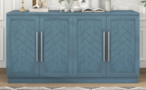 TREXM Sideboard with 4 Doors Large Storage Space Buffet Cabinet with Adjustable Shelves and Silver Handles for Kitchen, Dining Room, Living Room (Antique Blue)