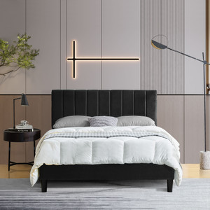 Queen Size Platform Bed with Upholstered Headboard and Slat Support, Heavy Duty Mattress Foundation, No Box Spring Required, Easy to Assemble, Black Queen Size Platform Bed with Upholstered Headboard and Slat Support, Heavy Duty Mattress Foundation, No Box Spring Required, Easy to Assemble, Black