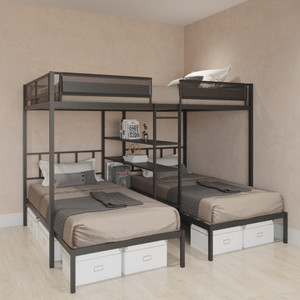 Metal Full over Twin Beds with Shelves/ Sturdy Metal Frame/ Noise-Free Wood Slats/ Comfortable Textilene Guardrail/ Bunk Bed for Three/ Built-in 3-Tier Shelves/ No Box Spring Needed Metal Full over Twin Beds with Shelves/ Sturdy Metal Frame/ Noise-Free Wood Slats/ Comfortable Textilene Guardrail/ Bunk Bed for Three/ Built-in 3-Tier Shelves/ No Box Spring Needed