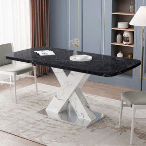 Modern Square Dining Table,Stretchable,Printed Black Marble Table Top+MDF White X-Shape Table Leg with Metal Base Modern Square Dining Table,Stretchable,Printed Black Marble Table Top+MDF White X-Shape Table Leg with Metal Base