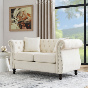 58.8" Chesterfield Sofa Beige Velvet for Living Room, 2 Seater Sofa Tufted Couch with Rolled Arms and Nailhead for Living Room, Bedroom, Office, Apartment, two pillows 58.8" Chesterfield Sofa Beige Velvet for Living Room, 2 Seater Sofa Tufted Couch with Rolled Arms and Nailhead for Living Room, Bedroom, Office, Apartment, two pillows
