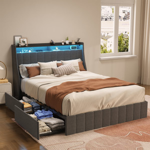 Queen Size Bed Frame with LED, 4 Under-bed Portable Storage Drawers, Wings Headboard Design, Dark Grey Queen Size Bed Frame with LED, 4 Under-bed Portable Storage Drawers, Wings Headboard Design, Dark Grey