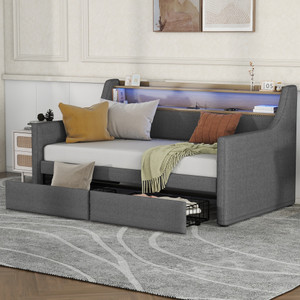Twin Size Daybed with Storage Drawers, Upholstered Daybed with Charging Station and LED Lights, Gray (Expect arrive date: Jan 18th, 2024)