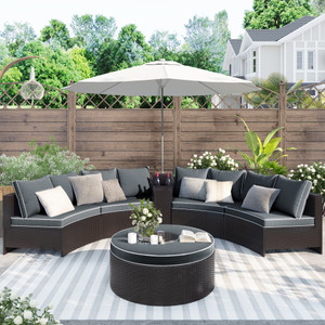 6 Pieces Outdoor Sectional Half Round Patio Rattan Sofa Set; PE Wicker Conversation Furniture Set w/ One Storage Side Table for Umbrella and One Multifunctional Round Table; Brown+ Gray