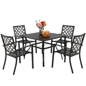 MEOOEM Patio Dining Set Outdoor Metal Square Bistro Side/End Table and Stackable Patio Dining Chairs; Black MEOOEM Patio Dining Set Outdoor Metal Square Bistro Side/End Table and Stackable Patio Dining Chairs; Black