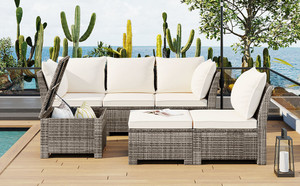 6-Piece Outdoor Sofa Set; PE Wicker Rattan Sofa with 2 Corner Chairs; 2 Single Chairs; 1 Ottoman and 1 Storage Table; All-weather Conversational Furniture; Beige