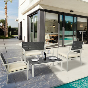 4 Pieces Patio Garden Sofa Conversation Set Wood Grain Design PE Steel Frame Loveseat All Weather Outdoor Furniture Set with Cushions Coffee Table for Backyard Balcony Lawn White 4 Pieces Patio Garden Sofa Conversation Set Wood Grain Design PE Steel Frame Loveseat All Weather Outdoor Furniture Set with Cushions Coffee Table for Backyard Balcony Lawn White
