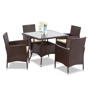 5-Pieces PE Rattan Wicker and Metal Patio Dining Set with Beige Cushions 5-Pieces PE Rattan Wicker and Metal Patio Dining Set with Beige Cushions