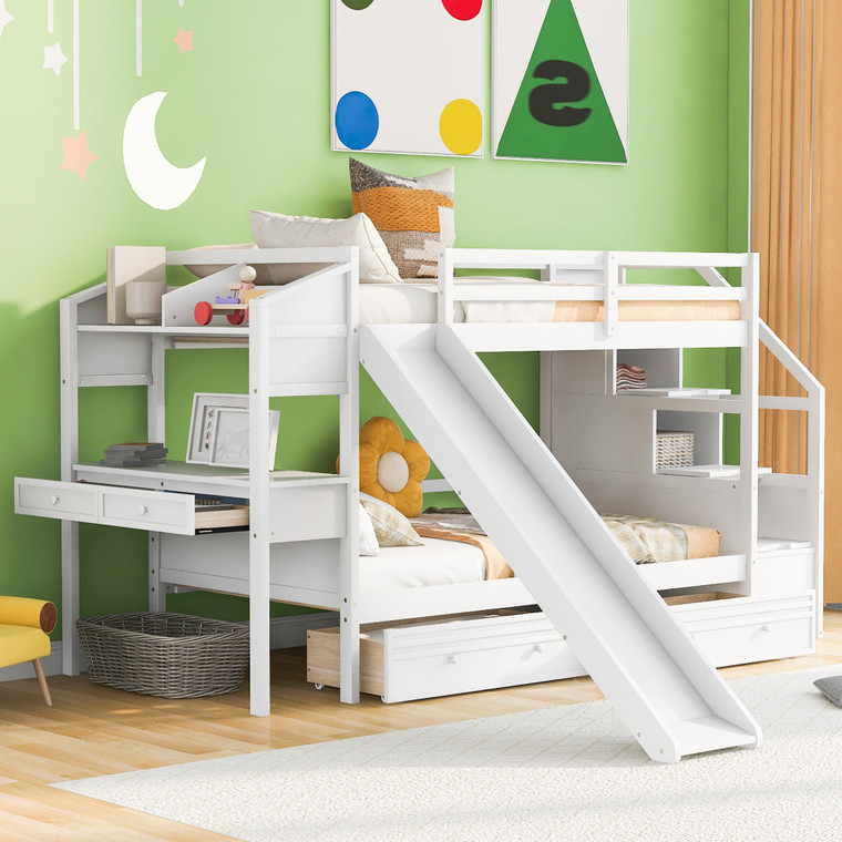Twin over Twin Bunk Bed with Storage Staircase, Slide and Drawers, Desk with Drawers and Shelves, White(Expected Arrival Time: 1.17)