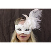 White Lace Venetian Wing Mask w Feathers Masquerade Mardi Gras Costume Accessory