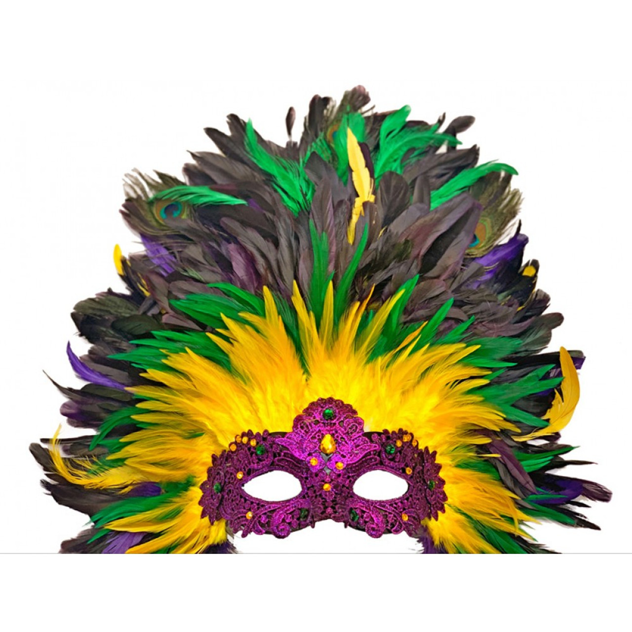 Lv Mardi Gras Sequined Mask Decorated With Feathers On A Bed Of