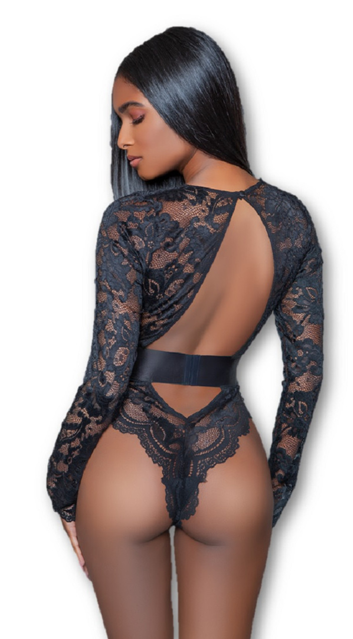 Be Wicked Ramona Bodysuit Sheer Black Lace Long Sleeve Lingerie Womens XL  16-18