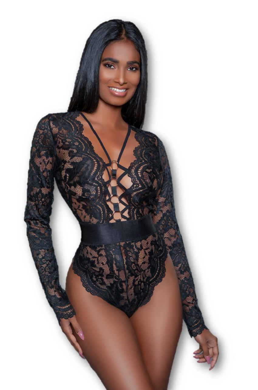 Be Wicked Ramona Bodysuit Sheer Black Lace Long Sleeve Lingerie Womens SMALL  4-6 - www.