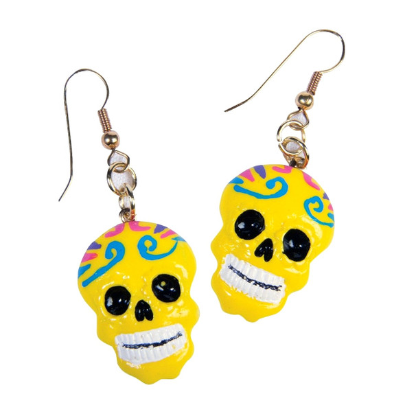 Day of the Dead Yellow Sugar Skull Earrings Dia de los Muertos Costume Accessory