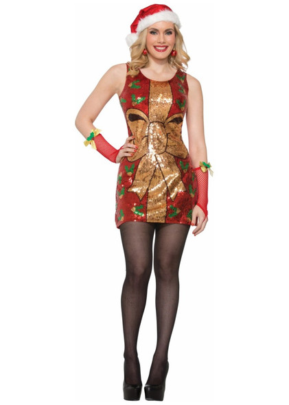 Sexy Sparkly Present Sequin Christmas Dress Adult Women's Costume XS/SM - M/L