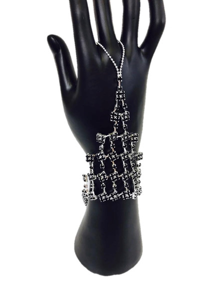 Black Rhinestone Hand Harness Bracelet Chain Link Finger Women's Costume Jewelry