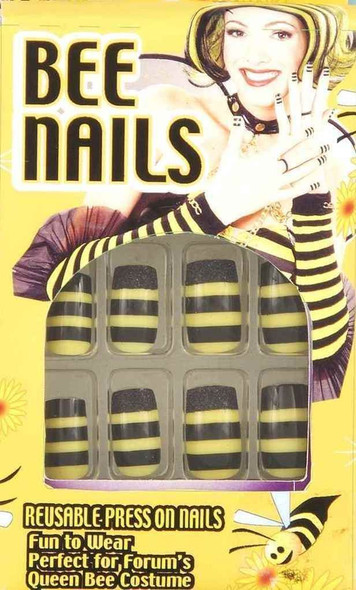 Bumble Queen Bee  Nails Stick On 12 Black Yellow Halloween Costume Accessory New