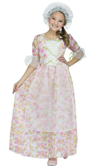 Colonial Lady Girl's Child Costume Pink Floral Dress Little House Prairie SM-LG