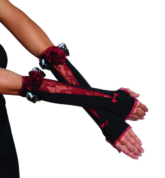 Spooky-licious Black n Burgundy Gloves Womens Halloween Skulss Costume Accessory
