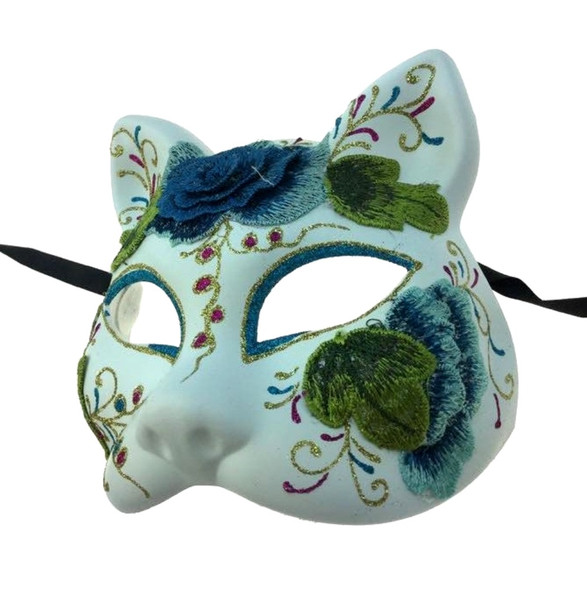 DOD Cat Costume Half Mask Animal Blue Embroidered Flowers Adult Masquerade