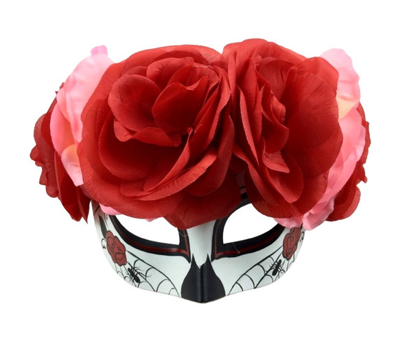 Day Of The Dead Sugar Skull Half Mask Halloween Spiderweb Red Pink Flowers Women