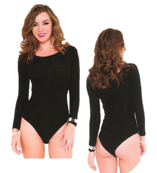 Music Legs Long Sleeve Opaque Teddy Black Bodysuit w Snaps High Cut Adult OS