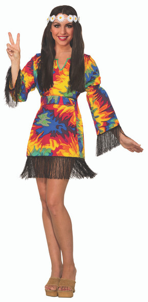 Women's Hippie Tie Dye Costume Fancy Dress Fringes Adult One Size 14/16