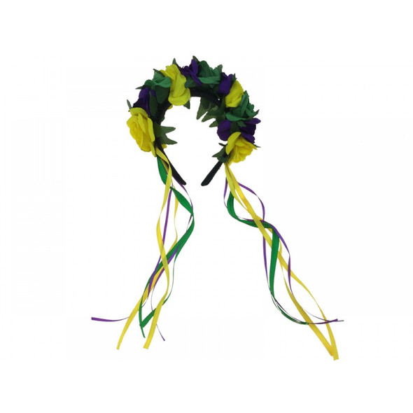 Mardi Gras Floral Adult Headband Purple Green Yellow Ribbons Flowers Headpiece
