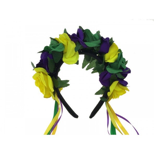 Mardi Gras Floral Adult Headband Purple Green Yellow Ribbons Flowers Headpiece