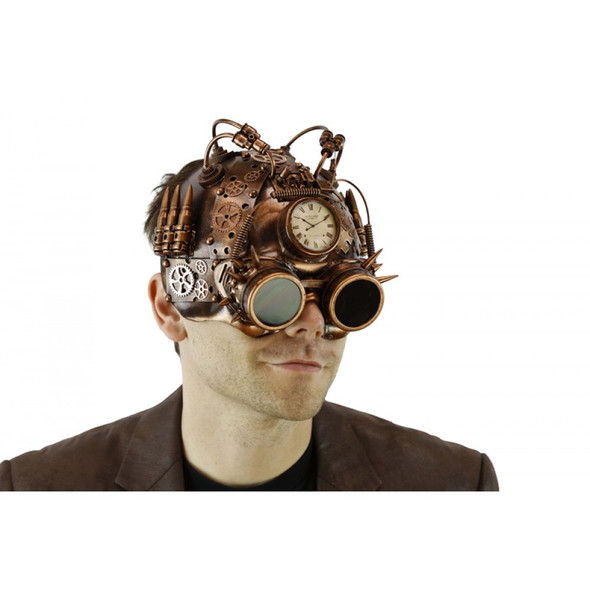 Copper Steampunk Helmet Style Adult Half Mask with Goggles Compass LED Lights-Up