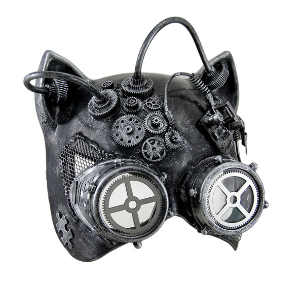 Silver Steampunk Kitty Cat Woman Costume Half Mask with Goggles Adult Masquerade