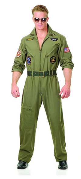 Deluxe Wingman Costume Outfit Mens Green Flight Jumpsuit Top Gun Inspired