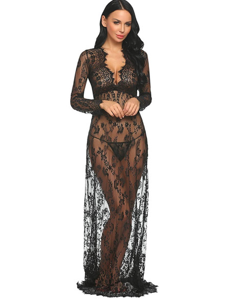Sexy Black Lace See Through Gown Maternity Photoshoot Women's Intimate Dress MED