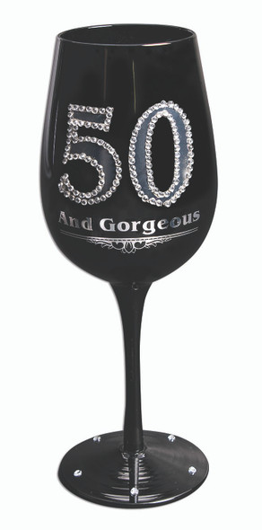 50 and Gorgeous Black Wine Glass Goblet Silver Gems Happy Birthday Gift