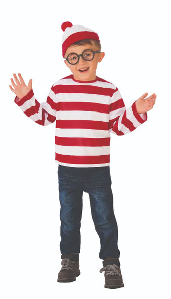 Where's Waldo? Child Kids Halloween Costume Striped Shirt Hat Glasses SM-LG