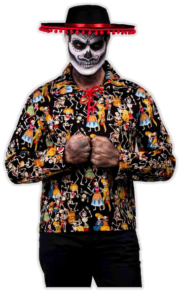 Dead Man's Party Costume Shirt Mens Adult Day of The Dead Black Skeleton SMALL