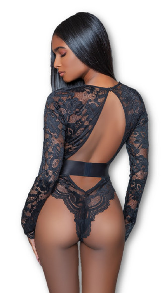 Be Wicked Ramona Bodysuit Sheer Black Lace Long Sleeve Lingerie Womens MED 8-10