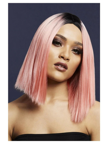 Fever Collection Asymmetric Long Straight Bob Coral Pink Wig Heat Styleable
