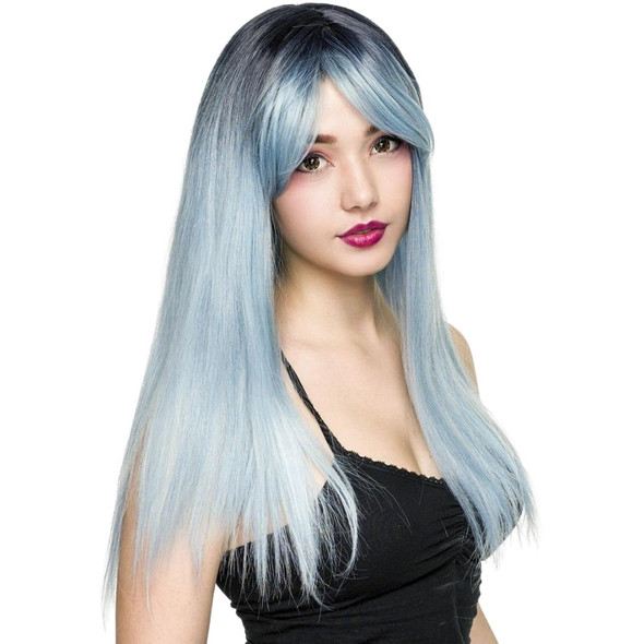 RockStar Wigs� Dark Root Bella Ice Blue Long Wig Heat Stylable