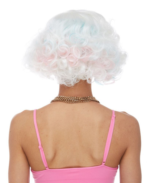West Bay Euphoria White With Pink & Blue Short Curly Wig w/ Side Part
