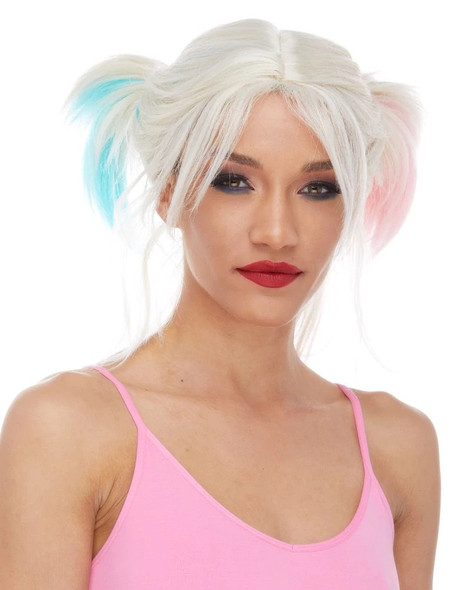 Character Line Fowl Play Light Blonde With Pink & Blue Harley Quinn Style Wig