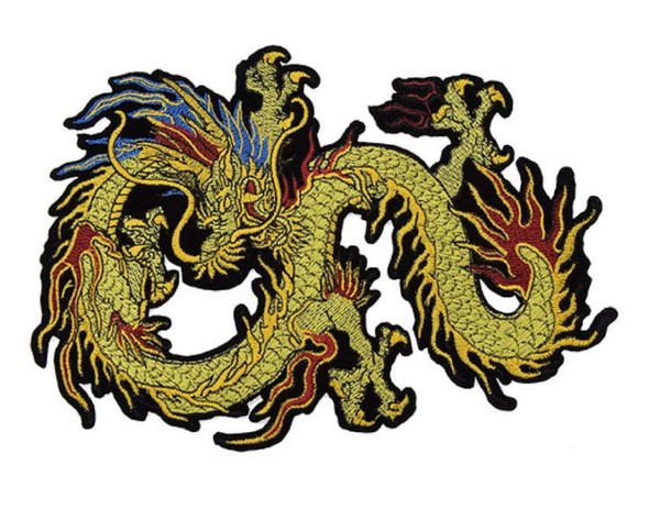 9" Yellow Golden Chinese Dragon Embroidered Sew On Patch
