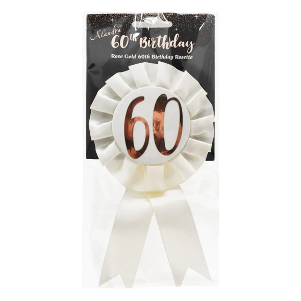 60th Birthday Metallic Rose Gold & Ivory Rosette Party Badge Ribbon B-Day